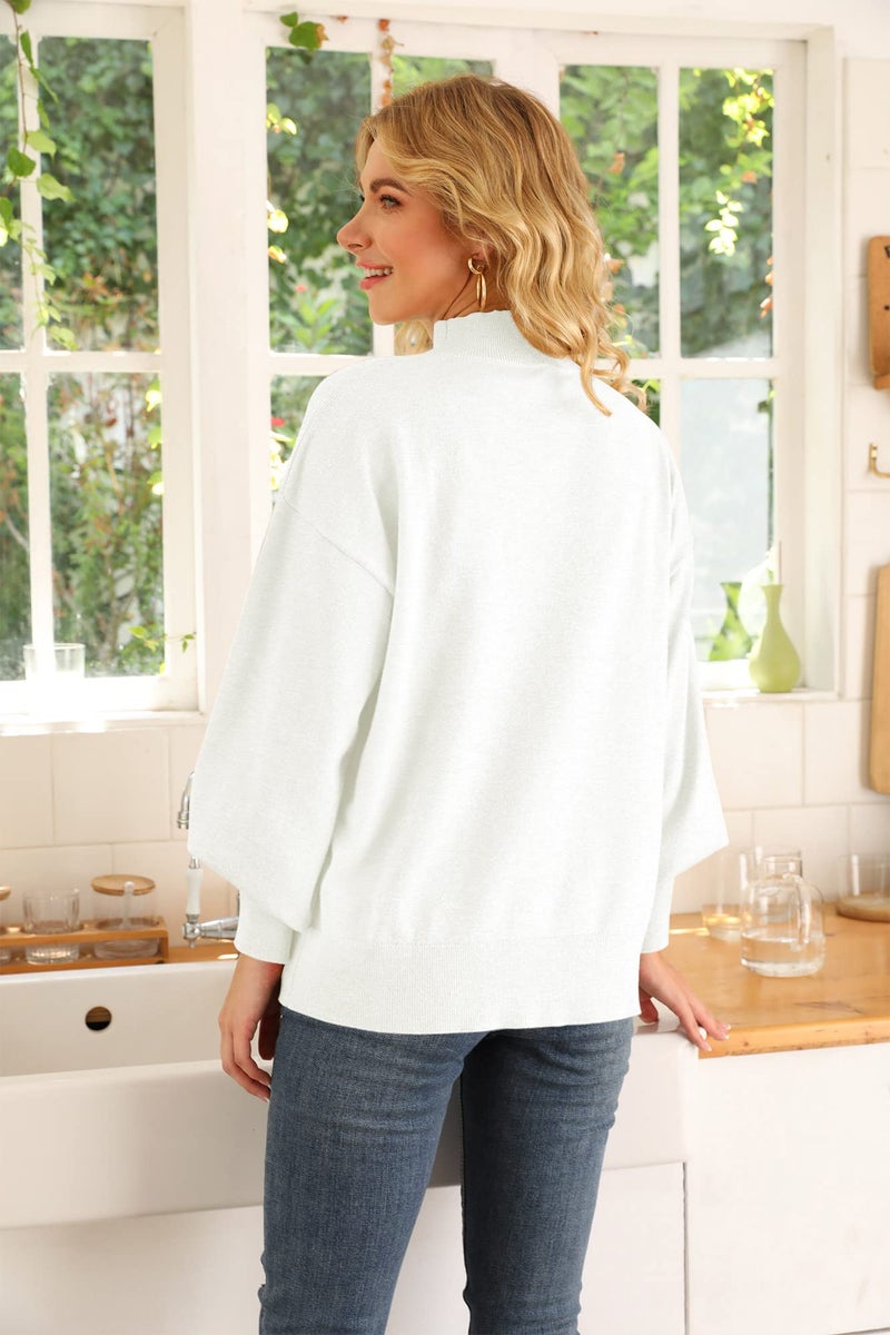 WEACZZY White Sweaters for Women Long Lantern Sleeve Mock Neck Oversized Pullover Sweater Knitted Fall Fashion Tops Off White XL - Image 3